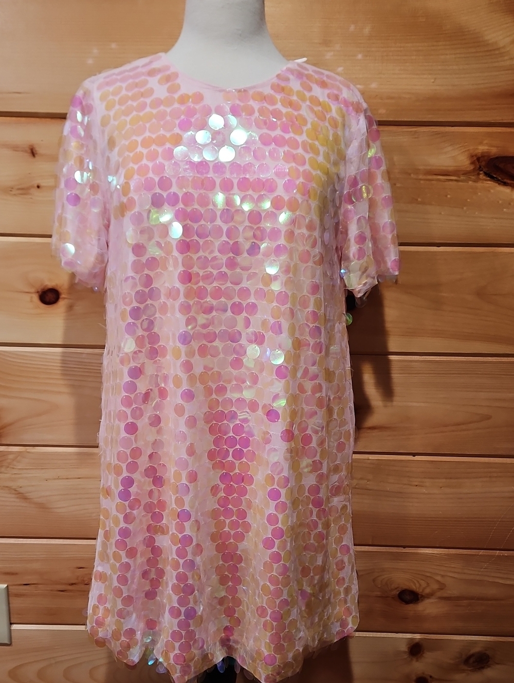 Junior Iridescent Pink Sequin Shift Dress Size XL NWT